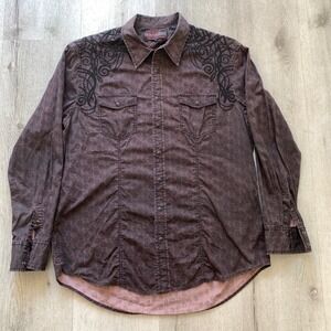 Rock and Roll Cowboy Mens XL Brown Acid Wash Western Embroidered Snap Shirt